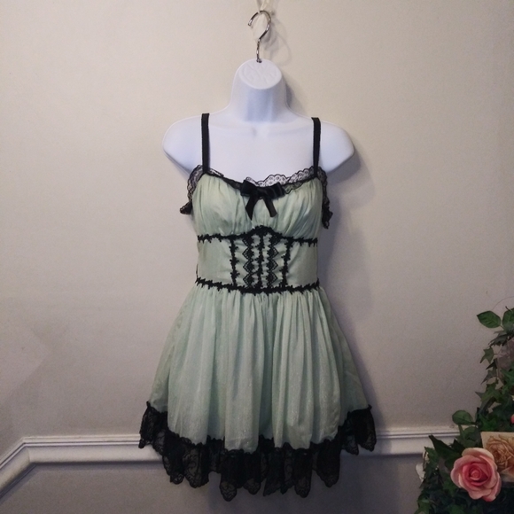 Dolls Kill Dresses & Skirts - Dolls Kill House Of Widow Shimmery Mint Chiffon & Black Lace Trimmed Mini Dress